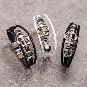 Multi-layer woven leather anchor bracelets for men in brown, white and black colors