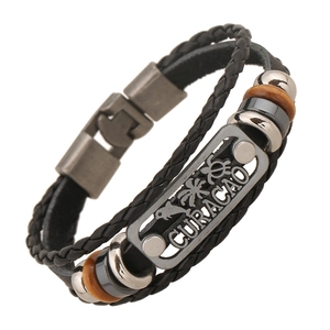 Bracelet Vintage en Cuir de Vachette Tressé Multicouche Avec Perles en Bois CURACAO Plaque Métal Bijoux Punk Pour Hommes