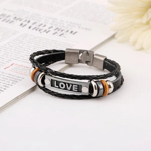 Punk multilayer braided leather bracelet with LOVE engraved metal plate and beads