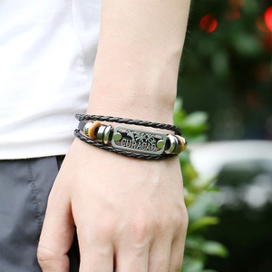 Bracelet multicouche en cuir tressé pour homme avec plaque Curacao et perles en bois