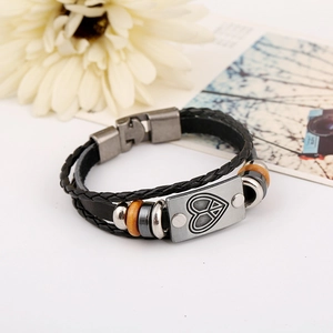 Black multilayer braided leather bracelet with silver heart peace charm and beads