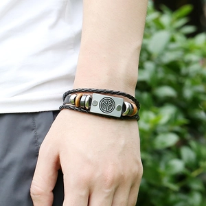 Multilayer leather braided bracelet for men with silver metal beads and peace symbol charm