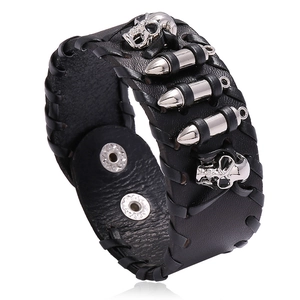 Punk Cowhide Leather Bracelet Alloy Skull Bullet Studs Woven Wide Wristband Gothic Biker Style For Men And Women