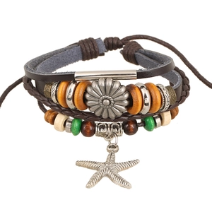 Handmade Vintage Bohemian Cowhide Leather Multi-layer Bracelet With Starfish Sunflower Charms Wood Beads Adjustable Jewelry Gift
