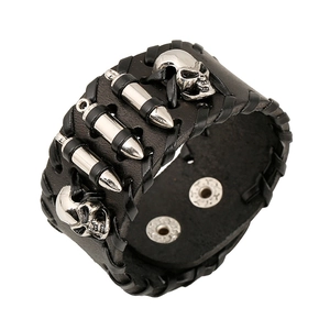 Punk leather bracelet with skull and bullet studs on white background 45-degree view