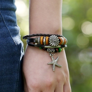 Bohemian multi-layer leather bracelet with starfish and sunflower charms for women