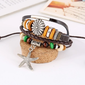Bohemian multi-layer leather bracelet set with wooden beads and starfish pendant charms
