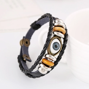 Retro multi-layer leather bracelet with braided cord, blue evil eye, and beads