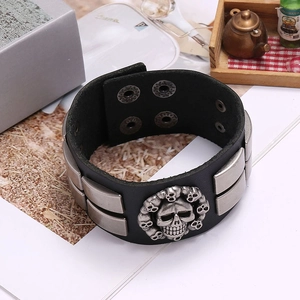 Breites Lederarmband im Punk-Stil mit silbernem Totenkopf-Dekor für Herren und Biker