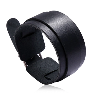 Bracelet en Cuir de Vachette Punk Large Fait à la Main pour Hommes Simple Multicouche Noir Avec Boucle en Fer Bijoux