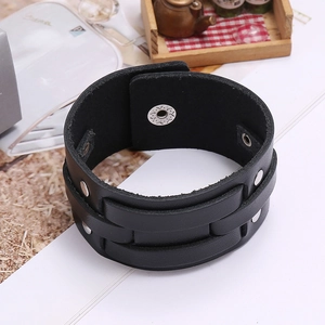 Retro vintage black leather bracelet for men featuring metallic studs and snap buckle closure