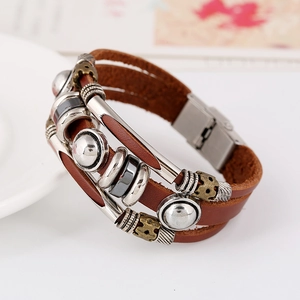 Multilayer brown braided leather punk bracelet with silver and bronze metal beads