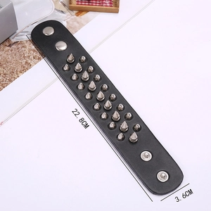 Three-row silver spiked rivet punk leather bracelet with double snap buttons in black