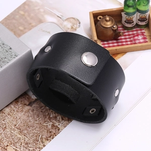 Retro black leather wide wristband bracelet with silver metal buckles for men