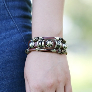 Handmade multilayer braided brown leather bracelet with vintage metal charms for men