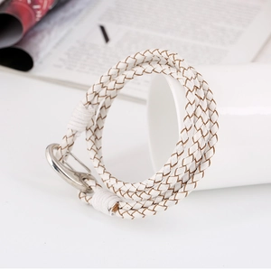 Minimalist white braided multi-layer leather bracelet with silver metal ring clasp for women