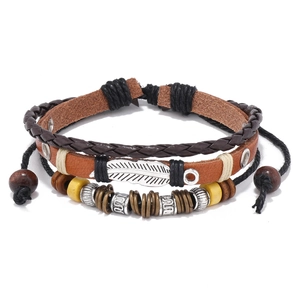 Punk Multi-layer Leather Feather Pendant Bracelet For Men Adjustable Retro Beaded Bangle Bohemian Vintage Wristband Jewelry
