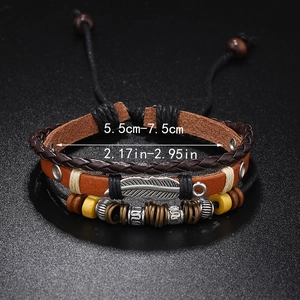 Adjustable multi-layer leather bracelet with silver feather charm and beaded accents
