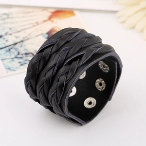 Handmade punk style wide braided black leather bracelet with adjustable silver buttons
