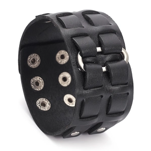 Bracciale in Vera Pelle Punk Rock per Uomo Donna Largo Regolabile in Pelle di Vacchetta con Anelli di Metallo Gioielli Hip Hop Retro