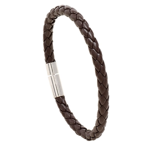 Bracciale in pelle PU intrecciata marrone scuro con chiusura magnetica in metallo argento