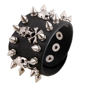 Men's Punk Rock Wide Leather Bracelet With Metal Rivets And Skull Charms Adjustable Gothic Fashion Jewelry Bangle Wristband