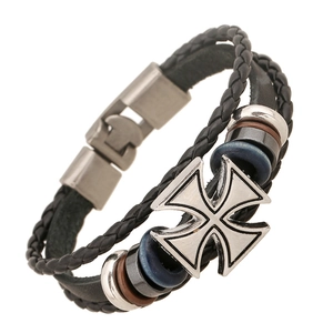Bracelet en Cuir de Vachette Tissé Multicouche Vintage Punk pour Hommes Femmes Pendentif Croix de Fer Rétro Alliage Bijoux de Bracelet à Perles