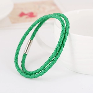 Emerald green woven leather wrap bracelet with silver magnetic buckle for women