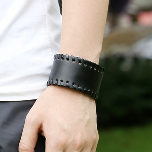 Retro punk braided black leather bracelet for men featuring vintage weave stitching design