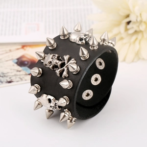 Men's punk black leather bracelet with silver metal skulls and sharp rivet studs