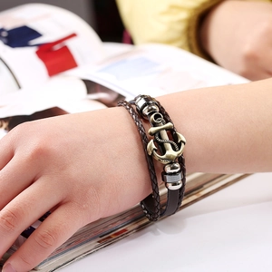 Multilayer braided leather bracelet with vintage bronze anchor charm for men and women