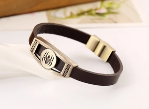 Detailed close-up of retro leather bracelet featuring a bronze spider pattern metal charm