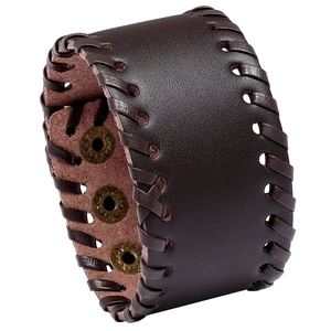 Retro wide brown leather braided bracelet with adjustable bronze snap buttons