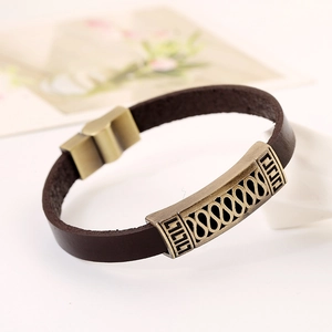 Vintage dark brown cowhide leather bracelet for men with bronze metal carving details