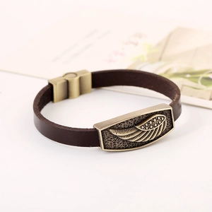 Punk style dark brown leather bracelet with bronze alloy wings and magnetic buckle