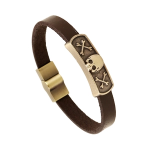 Vintage Retro Punk Men Leather Bracelet With Antique Bronze Alloy Skull Pendant Magnetic Buckle Rock Gothic Jewelry Wristband Gift