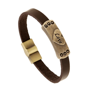 Bracelet en Cuir Véritable Fait Main Vintage pour Homme Femme Alliage Cœur Amour Charm Fermoir Magnétique Bijoux Punk