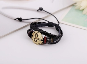 Primer plano del dije de Aries en bronce sobre pulsera de cuero negro trenzado