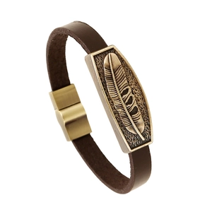 Vintage Punk Cowhide Leather Bracelet Men Women Bronze Metal Feather Charm Magnetic Clasp Retro Braided Wristband Fashion Jewelry