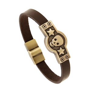 Bracelet en Cuir de Vachette Rétro pour Hommes Vintage Punk Tête de Mort Pentagramme Alliage de Bronze Large Bracelet Bijoux Biker