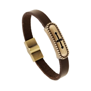 Vintage Punk Cowhide Leather Bracelet Alloy Hollow Cross Charm Wristband With Magnetic Clasp Retro Brown Leather Jewelry Gift