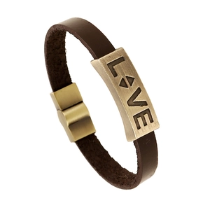 Vintage Punk Cowhide Leather Bracelet For Men Women LOVE Letter Engraved Alloy Plate Magnetic Buckle Retro Charm Jewelry