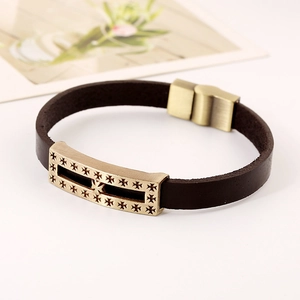 Vintage dark brown leather bracelet with golden gothic cross engraved magnetic clasp