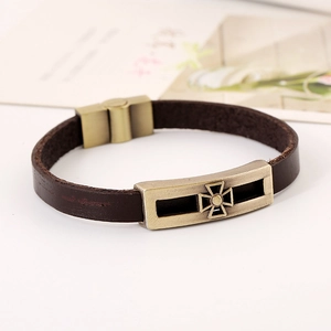 Vintage men's dark brown leather bracelet with bronze alloy cross and magnetic clasp