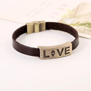 Vintage dark brown leather bracelet for couples with bronze LOVE engraved metal plate