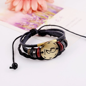 Bracelet multicouche en cuir fait main signe Gémeaux avec perles et breloque bronze