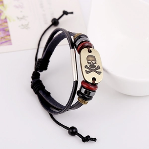 Vintage punk multi-layer leather bracelet with bronze skull charm and beads