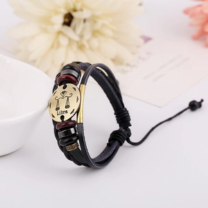 Handmade Libra zodiac multilayer braided leather bracelet with vintage bronze charm