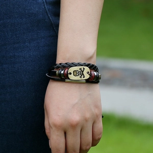Vintage bronze skull leather multilayer woven bracelet with punk style for men and women