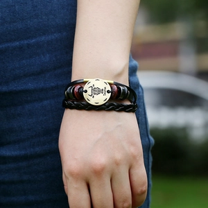 Retro multi-layer Taurus constellation leather bracelet with bronze metal charm